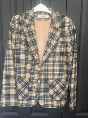 Pendleton Vintage 1970’s Beige and Navy Plaid Wool Blazer